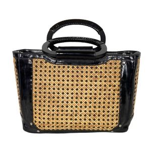 White House Black Market Straw Bag Wicker Black Patent Leather Handbag Tote